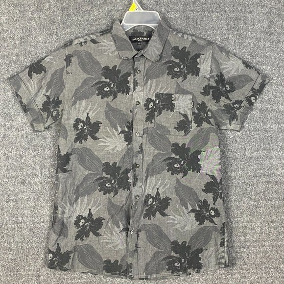 Tankfarm Button Up Shirt Men's Large Hawaiian Gray 100% Cotton Adults L - Picture 1 of 8